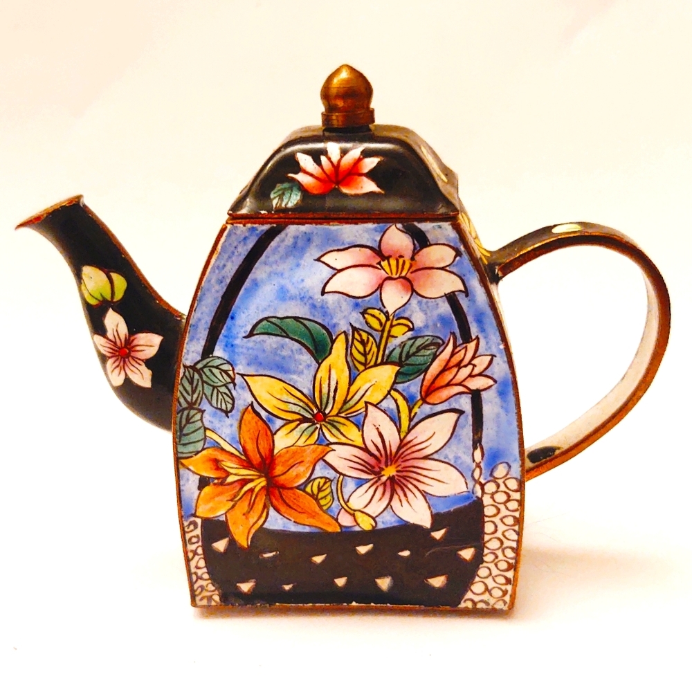 Vintage Unsigned Kelvin Chen Enamel Floral Mini-Teapot